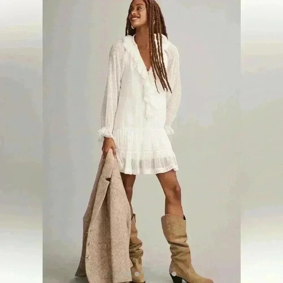 Anthropologie Dresses & Skirts - By Anthropologie Long-Sleeve V-Neck
Ruffled Tunic Dress Size Small